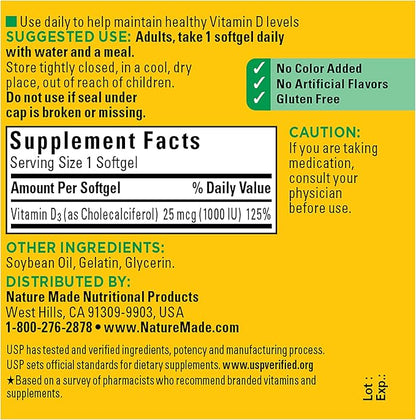 Nature Made Vitamin D3 1000 IU (25 mcg), Dietary Supplement for Bone, Teeth, Muscle and Immune Health Support, 100 Softgels, 100 Day Supply (Pack of 2)