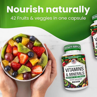 Multivitamins/Minerals Capsules with Zinc and Premium 42 Fruits and Veggies Blend for Immune Support Daily Multivitamin Capsule Antioxidant Supplement for Immunity System 60 Capsules