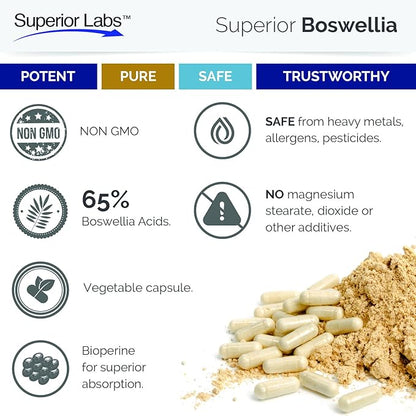 Superior Labs Boswellia Extract - Pure Non GMO Boswellic 65% Acids. Superior Absorption Zero Synthetic Additives - Powerful Formula Joint, Knees, HIPS, Immune, 500mg SVG, 240 Veg Capsules