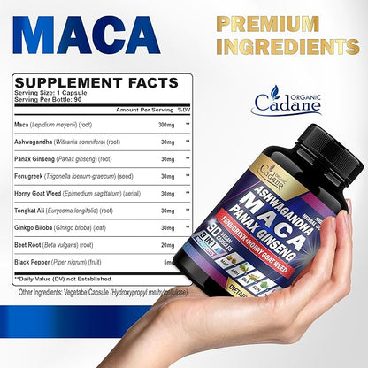 Organic Cadane Maca Root, Ashwagandha, Panax Ginseng Supplement - 90 Capsules 3 Months with Fenugreek, Tongkat Ali & More - Support for Strength, Stamina, Energy Production & Immunity