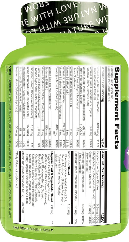 NATURELO Whole Food Multivitamin + Immune Blend with Elderberry & Mushrooms - Complete Multivitamin with Extra Immune Support - C, D3, Zinc, Elderberry, Reishi, Shitake, 60 Vegan Capsules (Pack of 2)