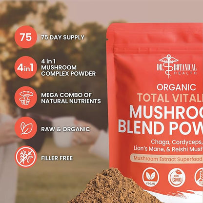 Organic Mushroom Powder Blend - 4-in-1 Reishi, Lion’s Mane, Cordyceps and Chaga Mushroom Supplement Extract Complex, Mushroom Blend Powder for Immune Boost & Brain Support, Add to Coffee, Tea or Water