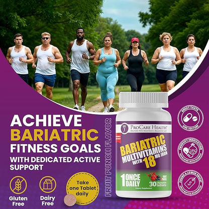 ProCare Health Bariatric chewable Multivitamin with Iron 18mg (30 Tablets) - Fruit Punch Flavor Bariatric Multivitamin Chewable for Gastric Bypass & Sleeve Gastrectomy Patients* (1 Month Supply)