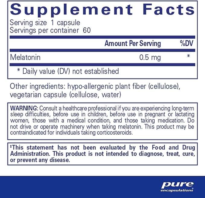 Pure Encapsulations Melatonin 0.5 mg - Natural Sleep Helper for Bedtime - Regulates Sleep-Wake Cycle - 0.5 mg Melatonin - Vegan & Non-GMO - 60 Capsules