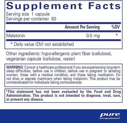 Pure Encapsulations Melatonin 0.5 mg - Natural Sleep Helper for Bedtime - Regulates Sleep-Wake Cycle - 0.5 mg Melatonin - Vegan & Non-GMO - 60 Capsules