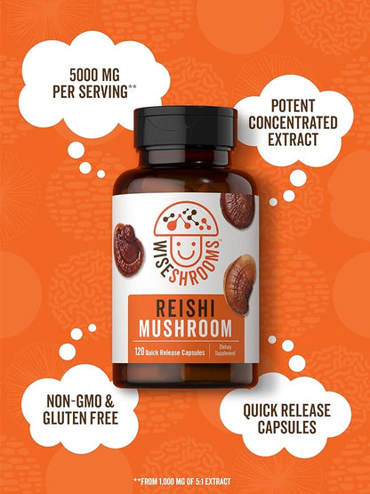 Carlyle Reishi Mushroom Capsules 5000 mg | 120 Count | Non-GMO and Gluten Free Extract Supplement | Wiseshroom