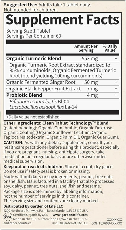 Garden of Life Organics Extra Strength Turmeric Inflammatory Response 60 Tablets-100mg Curcumin (95% Curcuminoids) Black Pepper, Probiotics, Organic Non-GMO Vegan Gluten Free Herbal Supplement