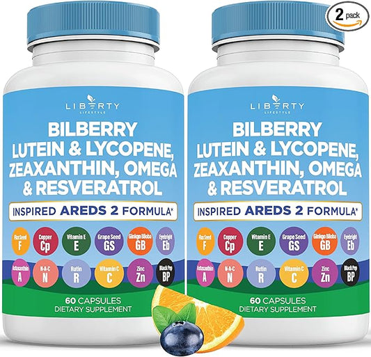Eye Health Vitamins with Bilberry, Lutein & Zeaxanthin, Lycopene, Resveratrol, Grape Seed Extract, Flaxseed Astaxanthin- AREDS 2-120 Capsules