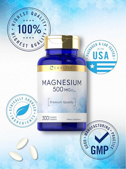 Carlyle Magnesium 500mg | 300 Coated Caplets | Vegetarian, Non-GMO, and Gluten Free Supplement