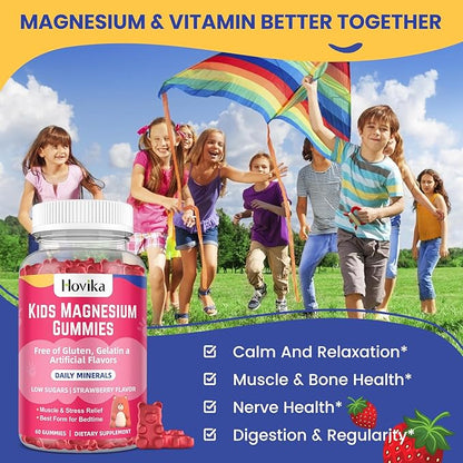 Magnesium Citrate Gummies for Kids - Great Tasting Kids Magnesium Calm Supplement Support Nerve & Bone Health, Strong Muscle for Kids Wellness, Vegan Strawberry Flavor Low-Sugar, 2 Pack-60 Count