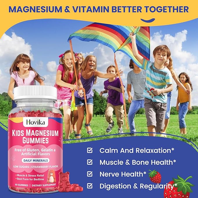 Magnesium Gummies for Kids - Magnesium Citrate + Vitamin B6 & D3 - Great Tasting Kids Magnesium Calm Gummies for Nerve Bone and Muscle Health for Kids Wellness, Vegan Strawberry Flavor 60 Count