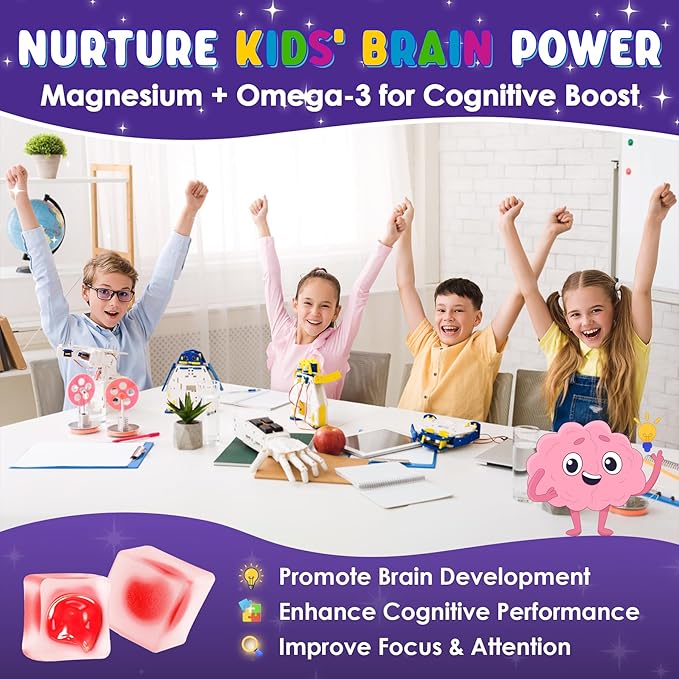 Magnesium Glycinate Gummies for Kids 4+ & Magnesium Citrate, Melatonin Free-Kids Magnesium Supplement w/L-Theanine, Omega 3, D3 K2, B6 B12, for Zzz, Relaxation, Muscle, Brain & Gut, Sugar Free 60 Cts