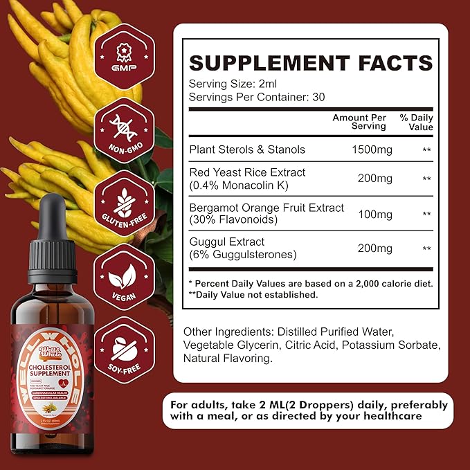 Cholesterol Support Liquid Drops | Plant Sterols & Red Yeast Rice Tincture | Bergamot & Guggul Extract | Heart Health Formula with Enhanced Absorption | Vegan, Non-GMO, 2 Fl Oz
