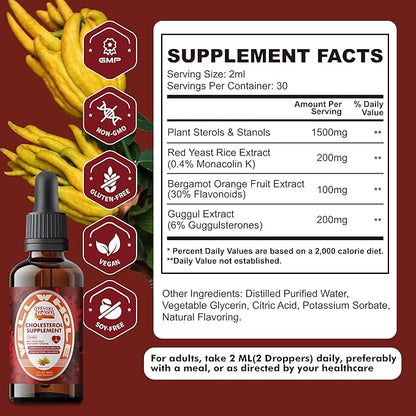 Cholesterol Support Liquid Drops | Plant Sterols & Red Yeast Rice Tincture | Bergamot & Guggul Extract | Heart Health Formula with Enhanced Absorption | Vegan, Non-GMO, 2 Fl Oz