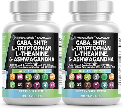 Clean Nutraceuticals GABA 750mg 5 HTP 200mg L Tryptophan 500mg L Theanine 200mg Ashwagandha SAM-e L-Glycine - Mood Support Vitamins for Women and Men with L-Tyrosine (90 Count (Pack of 2))