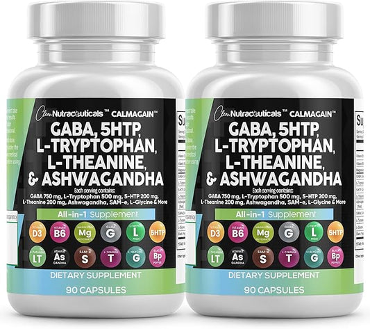 Clean Nutraceuticals GABA 750mg 5 HTP 200mg L Tryptophan 500mg L Theanine 200mg Ashwagandha SAM-e L-Glycine - Mood Support Vitamins for Women and Men with L-Tyrosine (90 Count (Pack of 2))