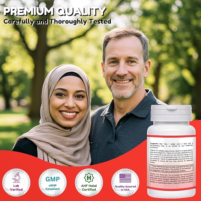 Halal Vitamin D, Halal Vitamin D3, 5000 IU Softgels, 120 Servings. Non-GMO, Gluten-Free, Supports: Structure, Bones, Teeth, Heart, Muscle & Immune Functions