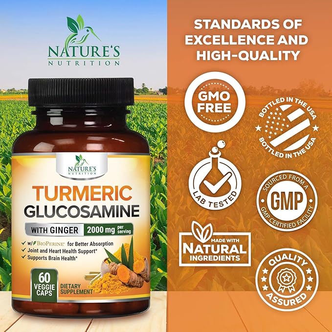 Turmeric Curcumin Supplement 2000mg with Glucosamine Chondroitin & Ginger, 95% Curcuminoids, BioPerine Black Pepper for Best Absorption, Nature's Joint Support, Non-GMO, Bottled in USA - 60 Capsules