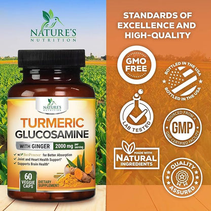 Turmeric Curcumin Supplement 2000mg with Glucosamine Chondroitin & Ginger, 95% Curcuminoids, BioPerine Black Pepper for Best Absorption, Nature's Joint Support, Non-GMO, Bottled in USA - 60 Capsules