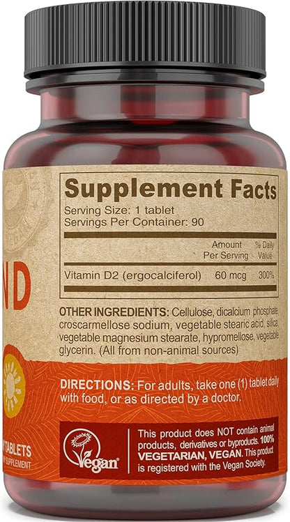 DEVA Vegan Vitamin D2 60 mcg 2400 IU, Ergocalciferol Supplement with No Animal Ingredients, 90 Tablets (Pack of 2)
