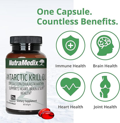 NutraMedix Antarctic Krill Oil 500mg - Fish Oil Supplement - Omega-3s (EPA & DHA) + Astaxanthin - Red Krill Oil Supplement for Joint, Immune, Heart, Liver & Brain Health Support (60 Softgels)