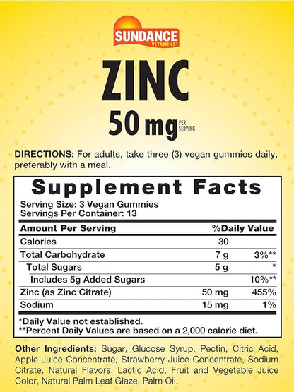 Sundance Zinc Gummies for Adults | 50mg | Mixed Berry Flavor | Vegan, Non-GMO and Gluten Free Supplement