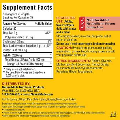 Nature Made Burp Less Fish Oil Omega 3 Supplements, 1000mg Softgels, Omega 3 Fish Oil Supplements for Healthy Heart Support, 150 Softgels, 75 Day Supply