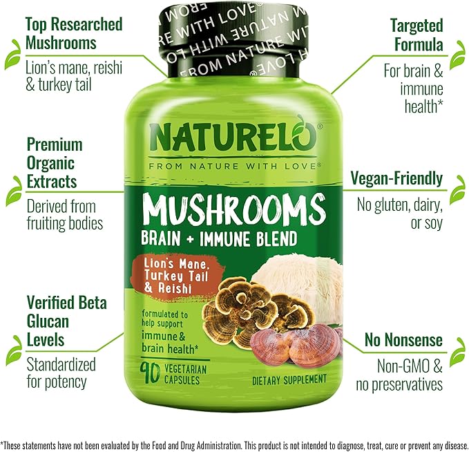 NATURELO Mushroom Supplement – Brain & Immune Health Blend with Lion’s Mane, Reishi, Turkey Tail – 90 Vegan Friendly Capsules (Pack of 2)