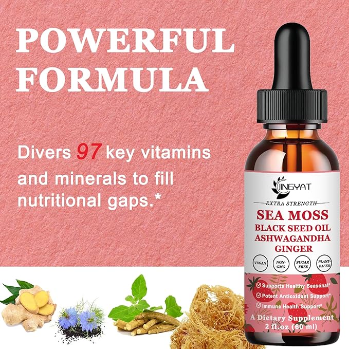 (2 Pack) Sea Moss Black Seed Oil Ashwagandha Ginger Liquid Drops, Rich in Vitamins with Burdock Root, Bladderwrack, Vegan Irish Sea Moss, 6X Stronger Than Pills & Capsules