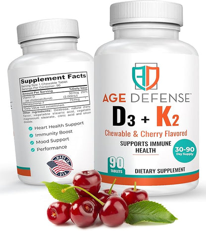 Vitamin D3 2000 IU with K2-90 Chewable Tablets with Cherry Flavoring-Natural Energy Booster-Supports Vitality, Immune Health, & Overall Wellness-Vitamin D3 with Vitamin K2 for Men & Women