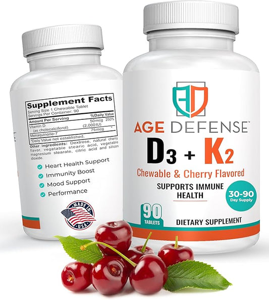 Vitamin D3 2000 IU with K2-90 Chewable Tablets with Cherry Flavoring-Natural Energy Booster-Supports Vitality, Immune Health, & Overall Wellness-Vitamin D3 with Vitamin K2 for Men & Women