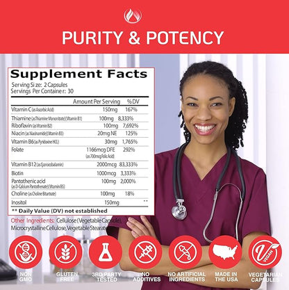 THE ENCLARE NUTRITION Vitamin B12 - Vitamin B Complex with Vitamin C, Biotin, Inositol, Folic Acid, B Vitamins, B1, B2, B3, B4, B5, B6, B7, B8, B9. Brain, Heart, Immune Support, Energy Supplements (1)