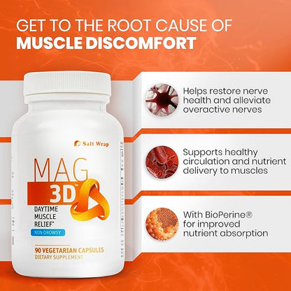 SaltWrap Mag 3D – Daytime (Non-Drowsy) Leg Cramp & Muscle Relief Support - Natural Supplement for Muscle and Nerve Health with Turmeric, Alpha Lipoic Acid & Magnesium