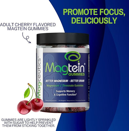 Magtein Gummies - Magnesium L-Threonate Gummies, Brain Support, Focus Supplement, Boost Memory & Cognitive Function - 150 Vegan Gummies