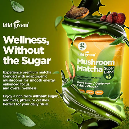 KIKI Green Mushroom Matcha Powder Super Blend 4 oz - Mushroom Coffee Alternative for Better Energy, Focus, Immunity - with Lion's Mane, Chaga, Reishi, Cordyceps