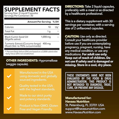 Black Seed Oil Capsules with Turmeric Curcumin Supplement - Immune & Digestive Health Support - 60 Count - Vegan, Non-GMO, Cold Pressed Black Seed Oil with Curcumin (95% Curcuminoids) - 1 Month Supply