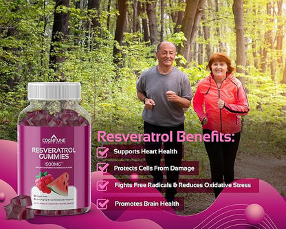 Resveratrol Gummies - Sugar Free Natural Raspberry Watermelon Flavor, 1500mg Resveratrol Supplement for Heart, Brain, Immune Support & Wellness, Powerful Antioxidant with Anti-Aging Benefits