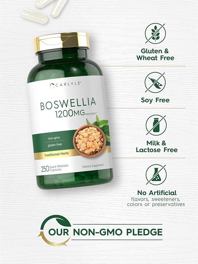 Carlyle Boswellia Extract Capsules 1200mg | 250 Count | Boswellia Serrata Complex with Black Pepper Extract | Non-GMO, Gluten Free Supplement