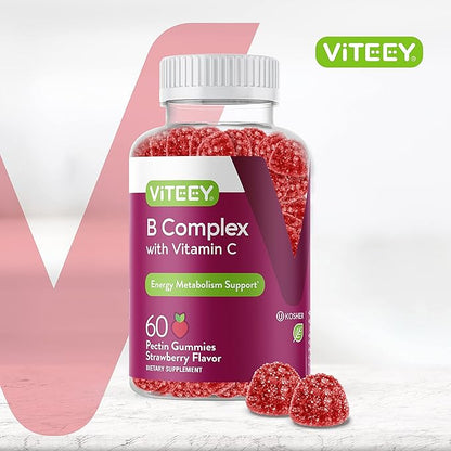 Vitamin B Complex Gummies for Adults with Vitamin C, B6, B12, Niacinamide, Folic Acid, Biotin, Calcium - Supports Energy & Metabolism - Vegan, Gluten Free, Gelatin Free - Chewable Strawberry Flavored