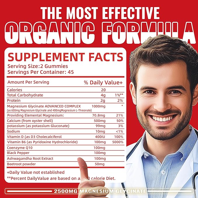 Magnesium Glycinate Gummies 2500mg - Sugar Free Magnesium Potassium Supplement with Vitamin D, B6, CoQ10 for Calm Mood & Sleep Support - 90 Raspberry Gummies