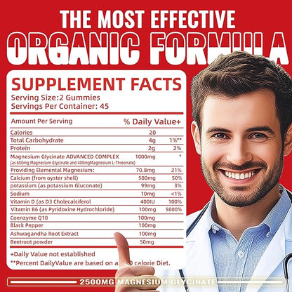 Magnesium Glycinate Gummies 2500mg - Sugar Free Magnesium Potassium Supplement with Vitamin D, B6, CoQ10 for Calm Mood & Sleep Support - 90 Raspberry Gummies