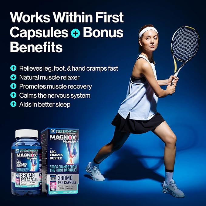 MAGNOX® Leg Cramps Buster | Magnesium Supplement for Muscle Cramps & Spasms | 380mg Magnesium for Leg Cramps at Night | 3X More Absorption | Dead Sea Minerals | Magnesium for Sleep&Muscle | 60 Caps