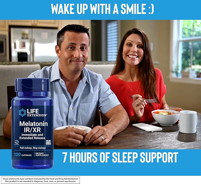 Life Extension Melatonin IR/XR 120 Capsules - Immediate & 7 Hour Extended-Release - Night Time Supplement - Supports Staying Asleep - Non-GMO, Gluten-Free