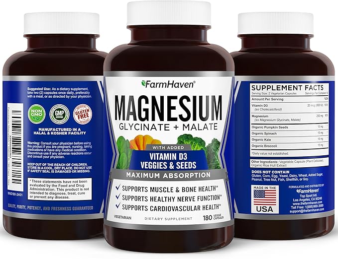 FarmHaven Magnesium Glycinate & Malate Complex w/Vitamin D3, 100% Chelated for Max Absorption, Vegetarian – Bone Health, Nerves, Muscles, 180 Capsules, 90 Days
