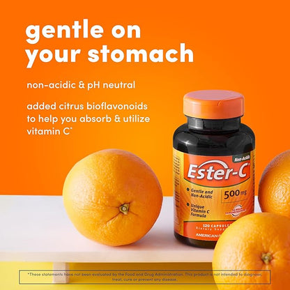 American Health Ester-C with Citrus Bioflavonoids Capsules - Gentle On Stomach, Non-Acidic Vitamin C - 500 mg, 60 Servings, 120 Count