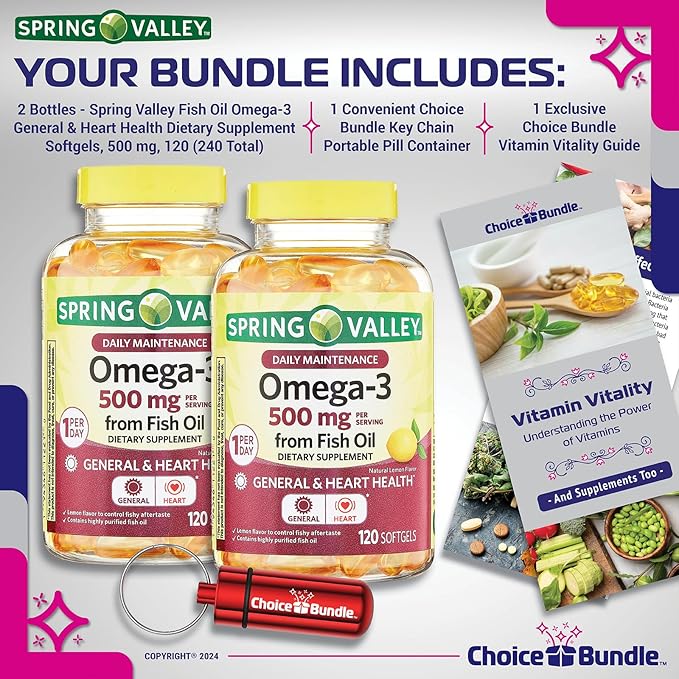 Spring Valley Fish Oil Omega 3 Fatty Acid Supplement Lemon Softgels 500 mg 120 Ct 2 pk (240 Total) + Vitamin Guide and Pill Container (4 Items)!