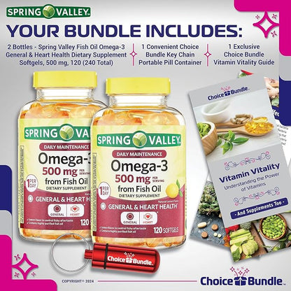 Spring Valley Fish Oil Omega 3 Fatty Acid Supplement Lemon Softgels 500 mg 120 Ct 2 pk (240 Total) + Vitamin Guide and Pill Container (4 Items)!