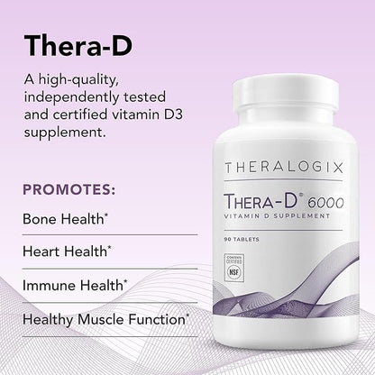Theralogix Thera-D 6000 Vitamin D Supplement - 6,000 IU (150 mcg) Vitamin D3 Tablets - 90-Day Supply - Immune Support Supplement for Women & Men - Aids Bone & Heart Health - NSF Certified - 90 Tablets