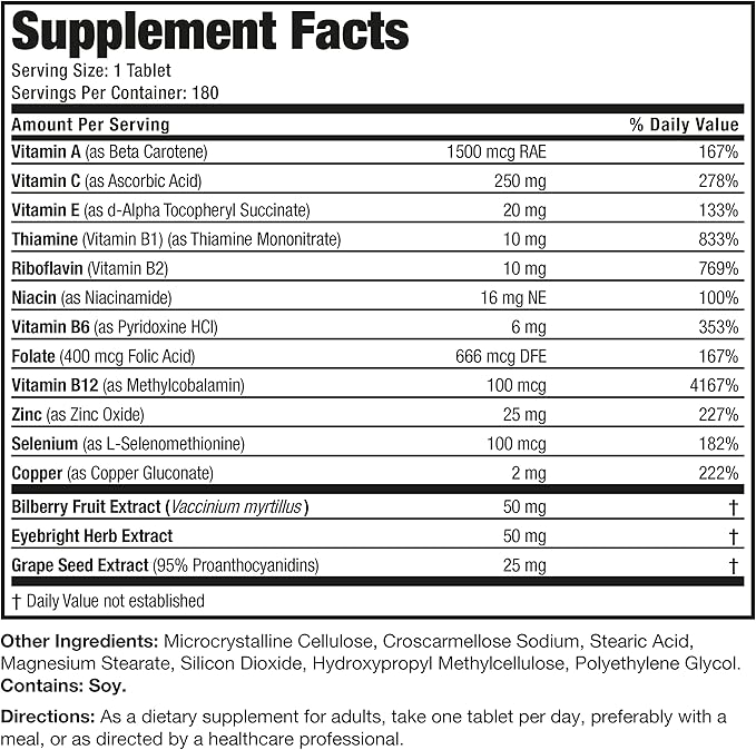 Bronson ONE Daily Vision Complete Eye Health Support Multivitamin Multimineral Supplement Formula, 180 Tablets
