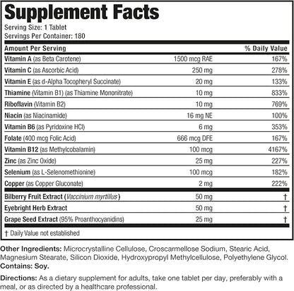 Bronson ONE Daily Vision Complete Eye Health Support Multivitamin Multimineral Supplement Formula, 180 Tablets